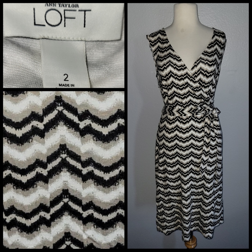 LOFT faux soft Wrap Dress size 2 and sash. Black tan white zig zag stripes